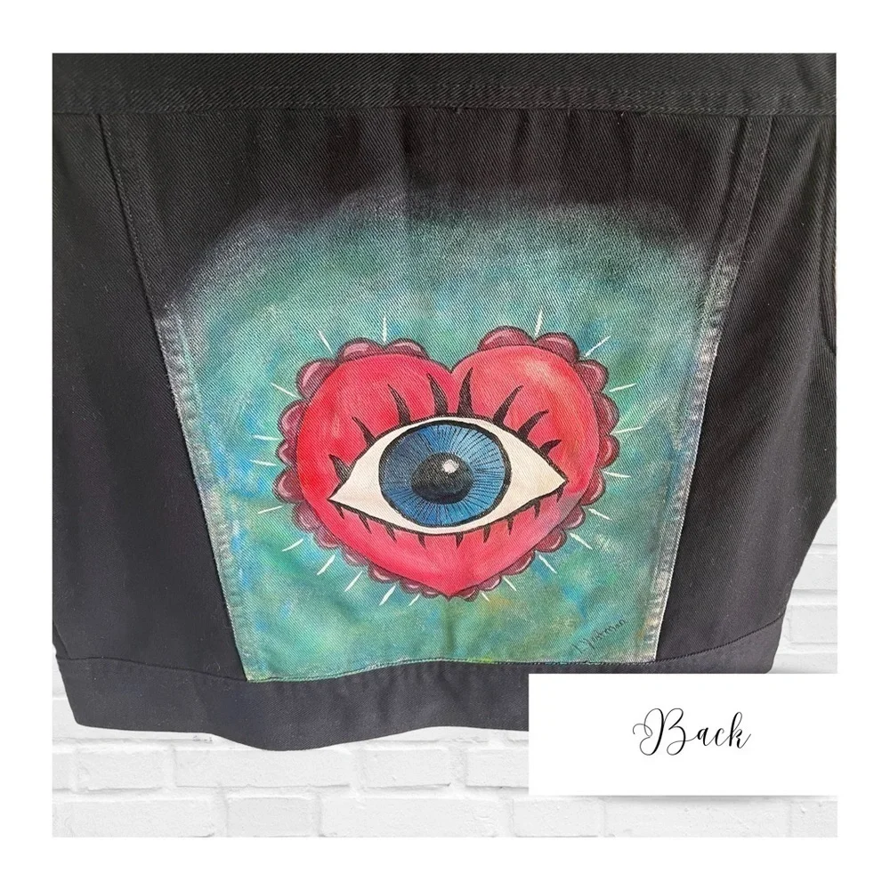 Hand Painted Evil Eye Black Denim Jean Jacket St John’s Bay Size Women’s Med …